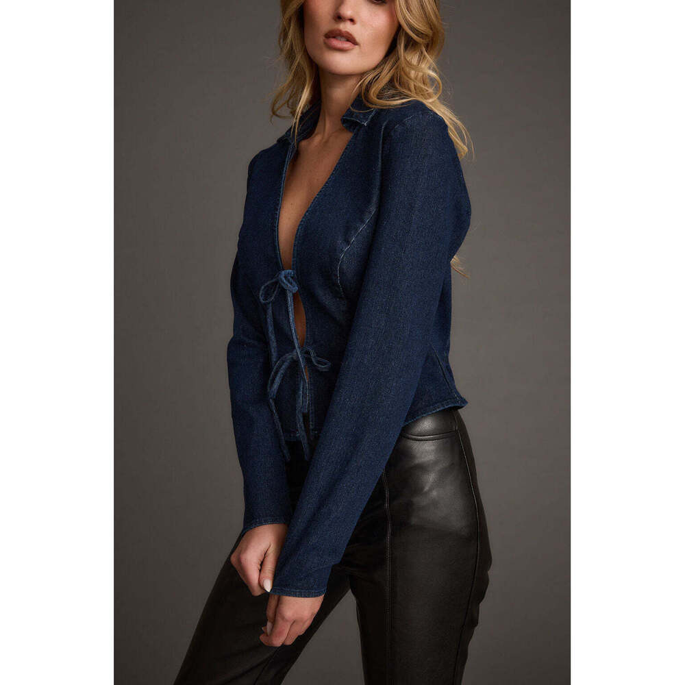 12th Tribe Taylor Open Tie Front Denim Top Size MM